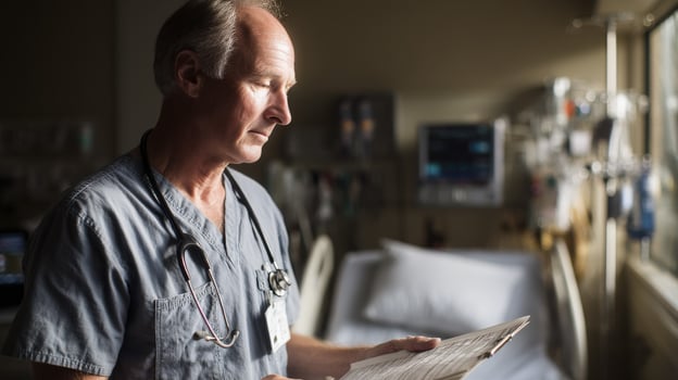 Medical professional studying patient records in a hospital room during morning hours photo