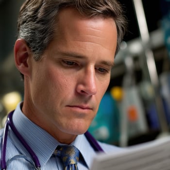 Doctor reviewing patient information in a medical facility during evening photo