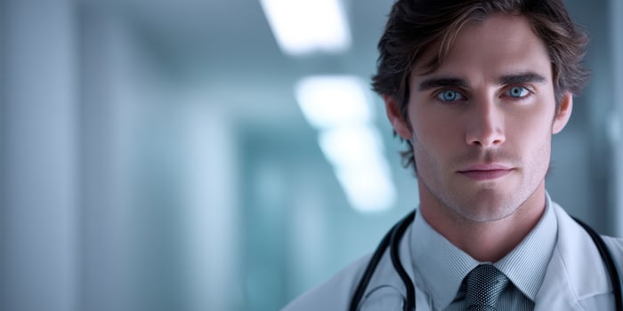 Male doctor with blue eyes in a hospital hallway during daytime photo