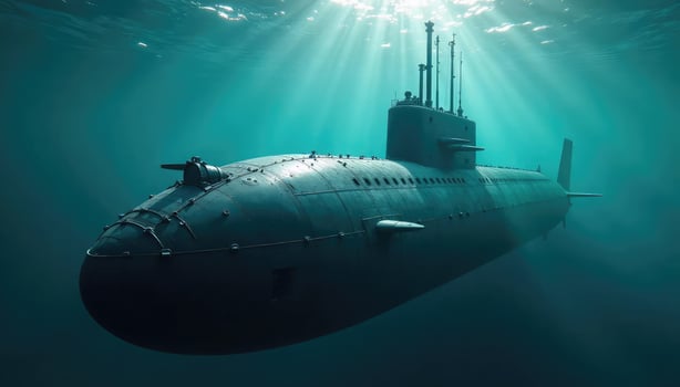 A submarine in the ocean with sunlight coming through photo