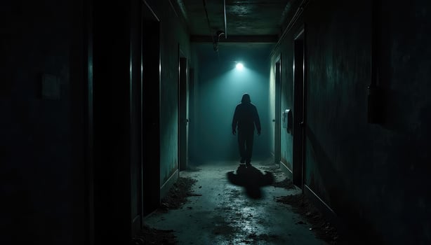 A person standing in a dark hallway with a light shining on them photo