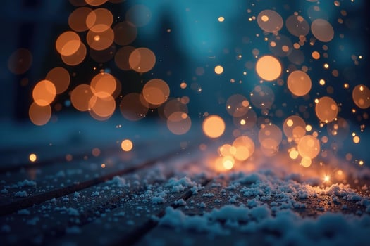 A close up of snow and lights on a wooden floor photo