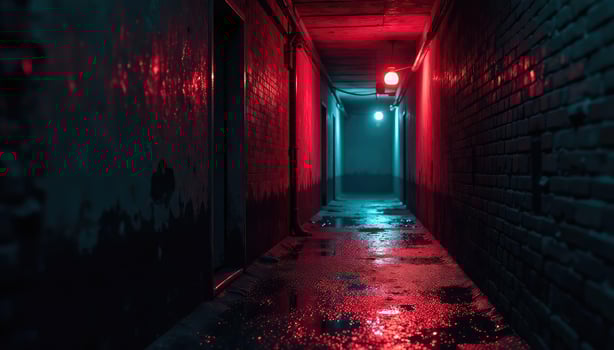 A dark alley with red and blue lights photo