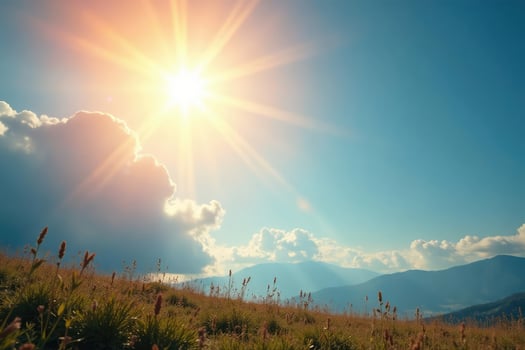 The sun shines brightly over a grassy field photo