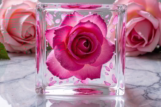 A pink rose is sitting in a square glass block photo