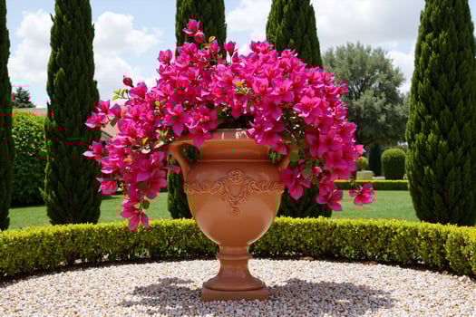 large terracotta urn overflowing with vibrant bright pink bougainvillea flowers, creating a stunning floral display in a formal Mediterranean-style garden with cypress trees and a gravel path photo