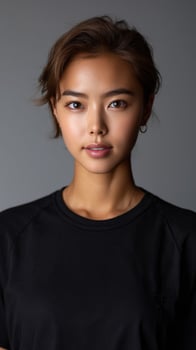 A young woman with short hair and a natural look stands against a grey backdrop photo