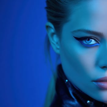 Beautiful young woman with striking blue eye makeup in dramatic lighting photo