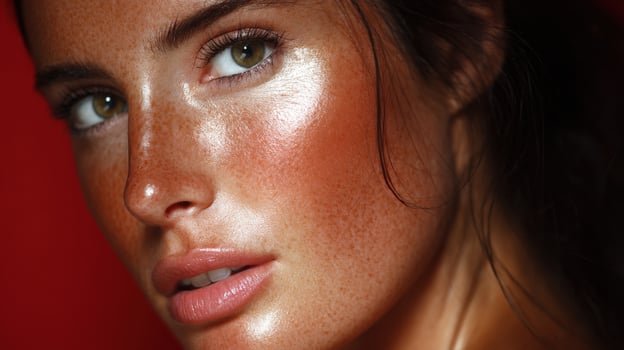 Close-up portrait of a young woman with radiant skin against a vibrant background photo