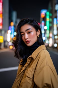 Stylish young woman poses in urban nightlife with colorful lights in background photo