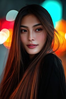 Portrait of a woman with long hair against a vibrant urban background at night photo