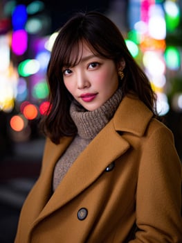 Woman in stylish coat posing in vibrant city lights at night photo