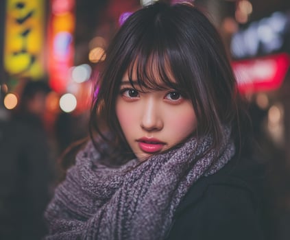Young woman in a cozy scarf gazes in the vibrant city at night photo