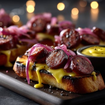Savory grilled sausages on toasted bread with mustard and onions served at night photo