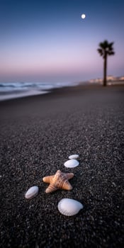 Morning beach with starfish and seashells under a moonlit sky photo