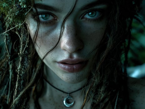 Mystical woman with vivid eyes, freckled face, and dreadlocks adorned with moss. Wears crescent necklace, exudes ethereal, enchanting aura. Shadows accentuate striking features photo