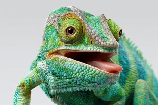 Colorful chameleon with vivid scales and striking eyes sticks out its tongue. Intricate details of skin texture highlight the animal's unique features, creating an engaging visual photo