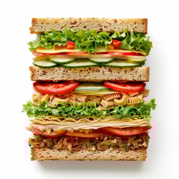Delicious multi layered sandwiches stacked high with fresh ingredients photo