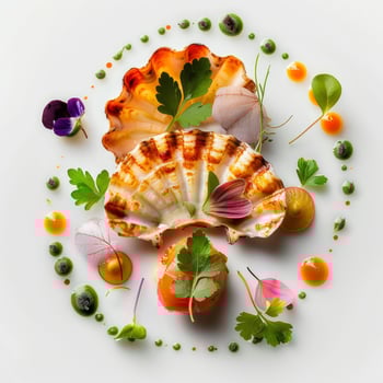 Grilled scallops decorated with herbs and flowers resting on salmon dish, photo