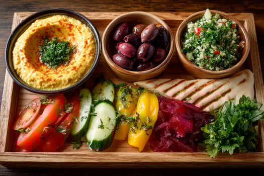 Wooden tray with hummus and dips photo