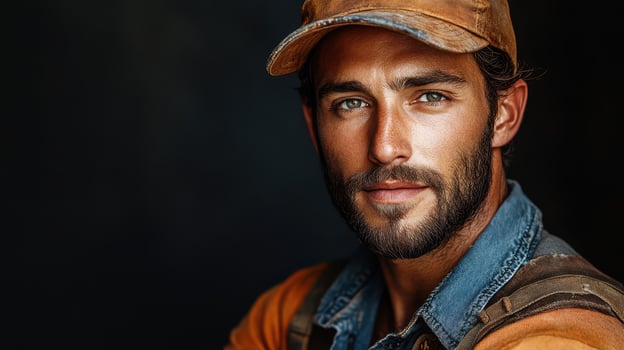 Handsome man with beard and cap poses for portrait photo