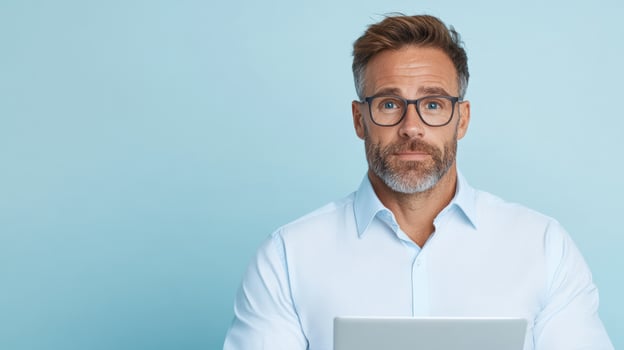 A man in glasses holding a laptop photo