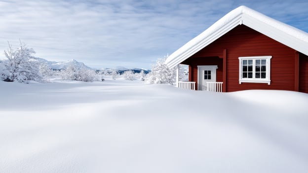 A red house is covered in snow photo