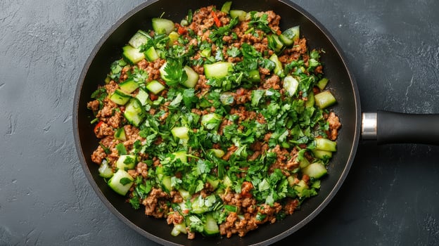 Chinese style ground beef with celery and green onions photo