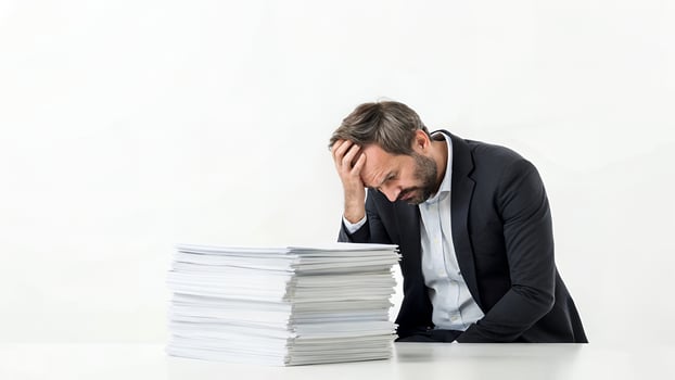 Stressed Man with Pile of Paperwork at Desk photo
