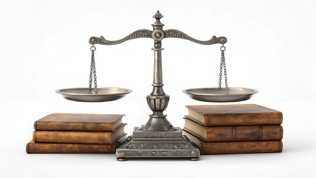 Scales of Justice with Books on White Background Concept photo