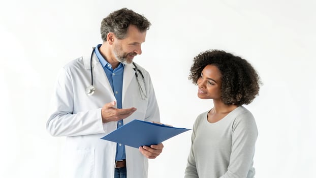 Doctor Explaining Diagnosis to Patient Holding Medical Chart photo