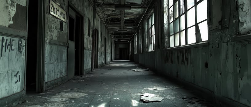 Abandoned building hallway, decaying interior, sunlight, dark photo
