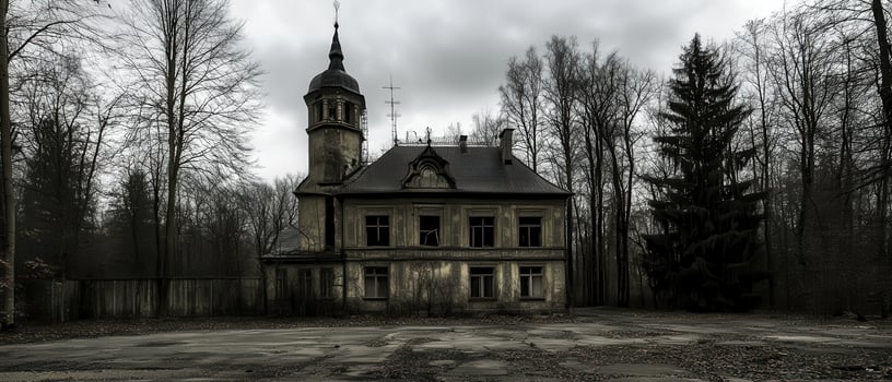 Abandoned Mansion, Forest Setting, Overcast Day photo