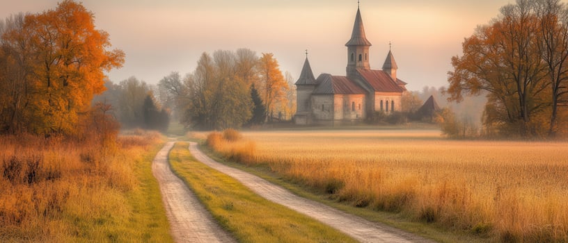 Autumn church road, misty field, sunrise photo