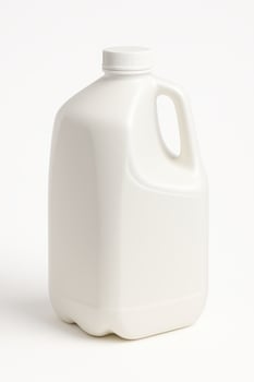 White Cylindrical Plastic Jug With Handle and Screw Cap for Milk in Ultra High Resolution Photorealistic Front View on Clean White Background photo