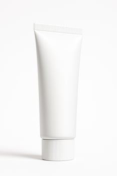 White Cylindrical Plastic Tube with Screw Cap in Studio Lighting, Photorealistic, Smooth Matte Finish, High Resolution on Clean Isolated White Background, Three Quarter View, Professional Design photo