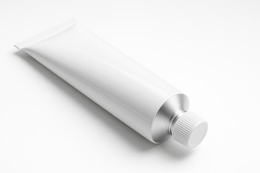 White Cylindrical Plastic Tube with Screw Cap in Angled Side View on White Background Glossy Finish Ultra High Resolution Photorealistic Professional Studio Lighting Clean Isolated Image photo