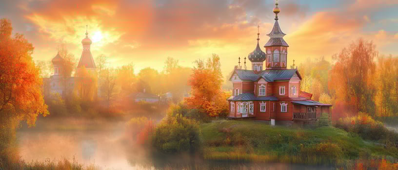 Autumn sunrise, church by lake, misty village photo