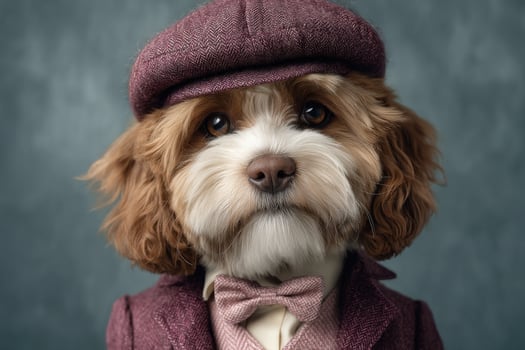 A charming dog wears a tailored suit and matching hat, showcasing a dapper appearance. The animals expressive eyes and fluffy coat complement the stylish ensemble, creating an adorable look. photo
