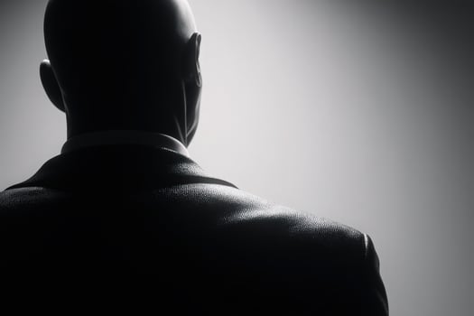 A man in a suit stands with his back to the viewer, highlighted by soft light. The shadows create a dramatic atmosphere, emphasizing the contours of his figure and suit. photo