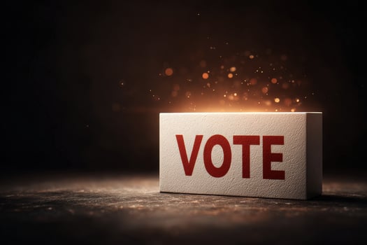 A block with the word VOTE in bold red letters is illuminated from behind, casting a glow against a dark background. This symbolizes the importance of participation in elections. photo