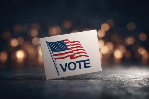 A vote card displays an American flag and the word vote, set against a bokeh background with sparkling lights. The colors and design highlight civic participation and pride. photo