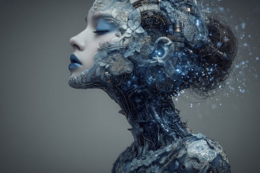 A womans profile emerges from a mix of organic shapes and mechanical elements, featuring floral designs and glowing features. This unique artwork highlights the fusion of nature and technology. photo