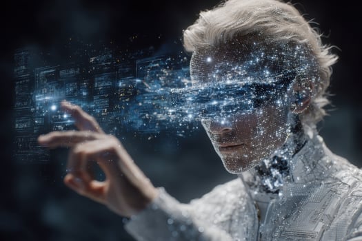 A futuristic figure with white hair interacts with floating digital projections. The individuals eyes are obscured by an advanced visor, suggesting immersion in a virtual environment. photo