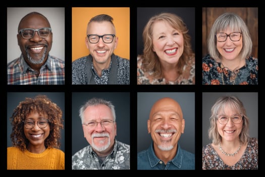 A collection of eight cheerful individuals with varying hairstyles and glasses, showcasing genuine smiles. photo