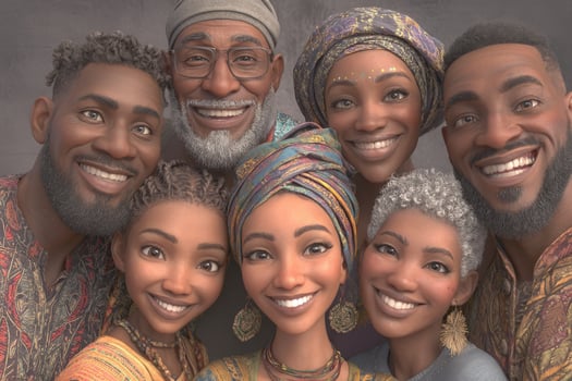 A cheerful group of eight people poses together, showcasing vibrant clothing and joyful expressions. The individuals display different hairstyles and accessories, reflecting their cultural heritage. photo