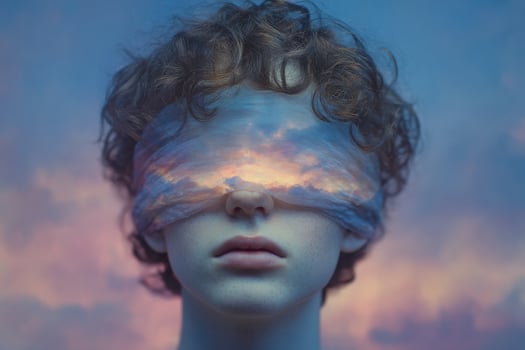 A young individual with curly hair has their eyes covered by a veil of clouds, creating a dreamlike effect. The backdrop features a vibrant sunset, enhancing the surreal atmosphere. photo