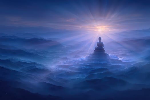 A Buddha statue sits atop a mountain surrounded by rolling fog, illuminated by soft sunlight breaking through clouds. The tranquil atmosphere evokes peace and meditation in nature. photo