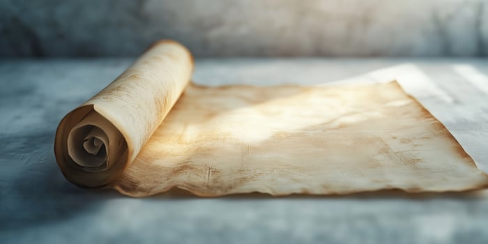 An aged, partially unrolled parchment scroll rests on textured surface, bathed in soft light, evoking sense of history and mystery. Historical concept photo