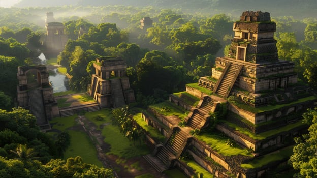 An aerial view of ancient Mayan ruins, with temples set amidst a vibrant green forest landscape. photo